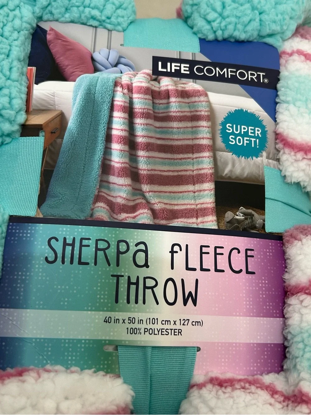 Life Comfort Kids Sherpa Fleece Throw Blanket Pink and Teal Super Soft 40x50in